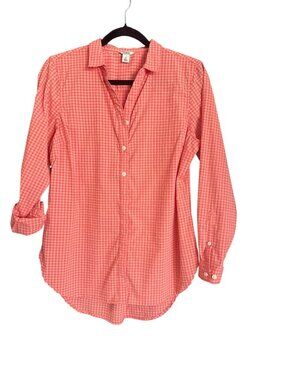 L.L. Bean Coral Gingham Roll-Tab Sleeve Shirt Small Petite SP Stretch Travel PS
